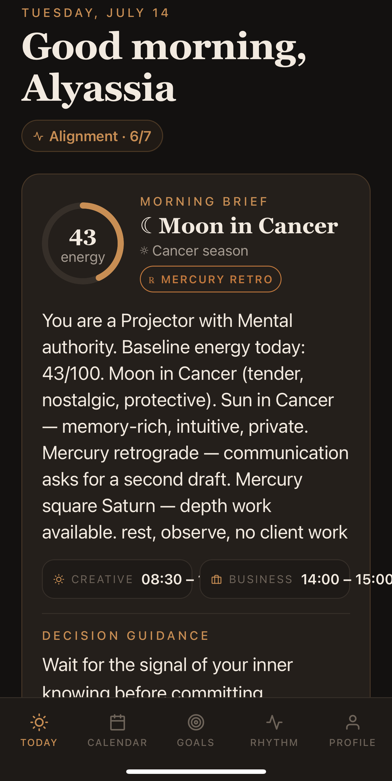 Kaira daily guidance screen — the daily feedback you receive to stay in coherence: individualized ritual and frequency work