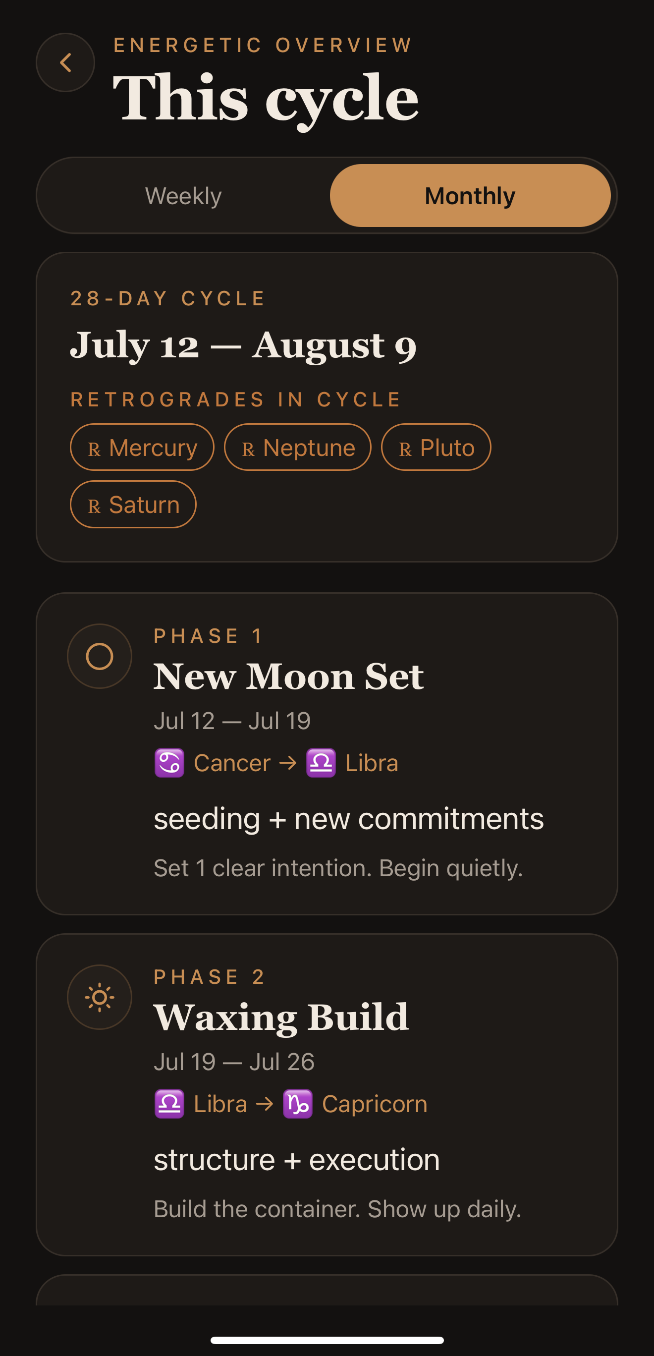 Kaira Today screen — morning greeting, alignment score, energy level, Moon phase, and personalized guidance